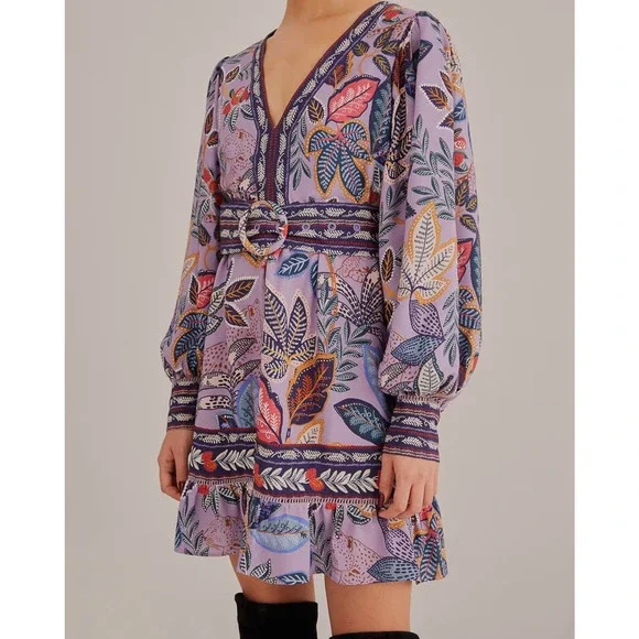 FARM Rio Wild Night Puff Sleeve V-Neck Belted Mini Dress Lavender Women's Large - Picture 1 of 4